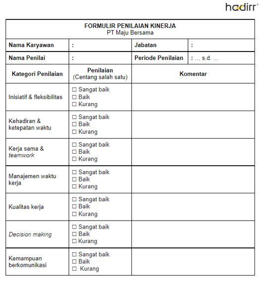 Contoh Penilaian Prestasi Kerja Karyawan Contoh Form Penilaian Kinerja