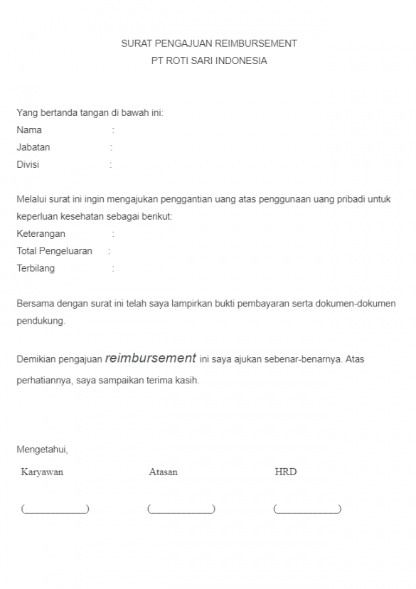 Contoh surat pengajuan reimburse di perusahaan swasta aplikasi