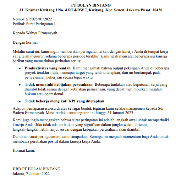 Contoh 2 Surat Peringatan 1 